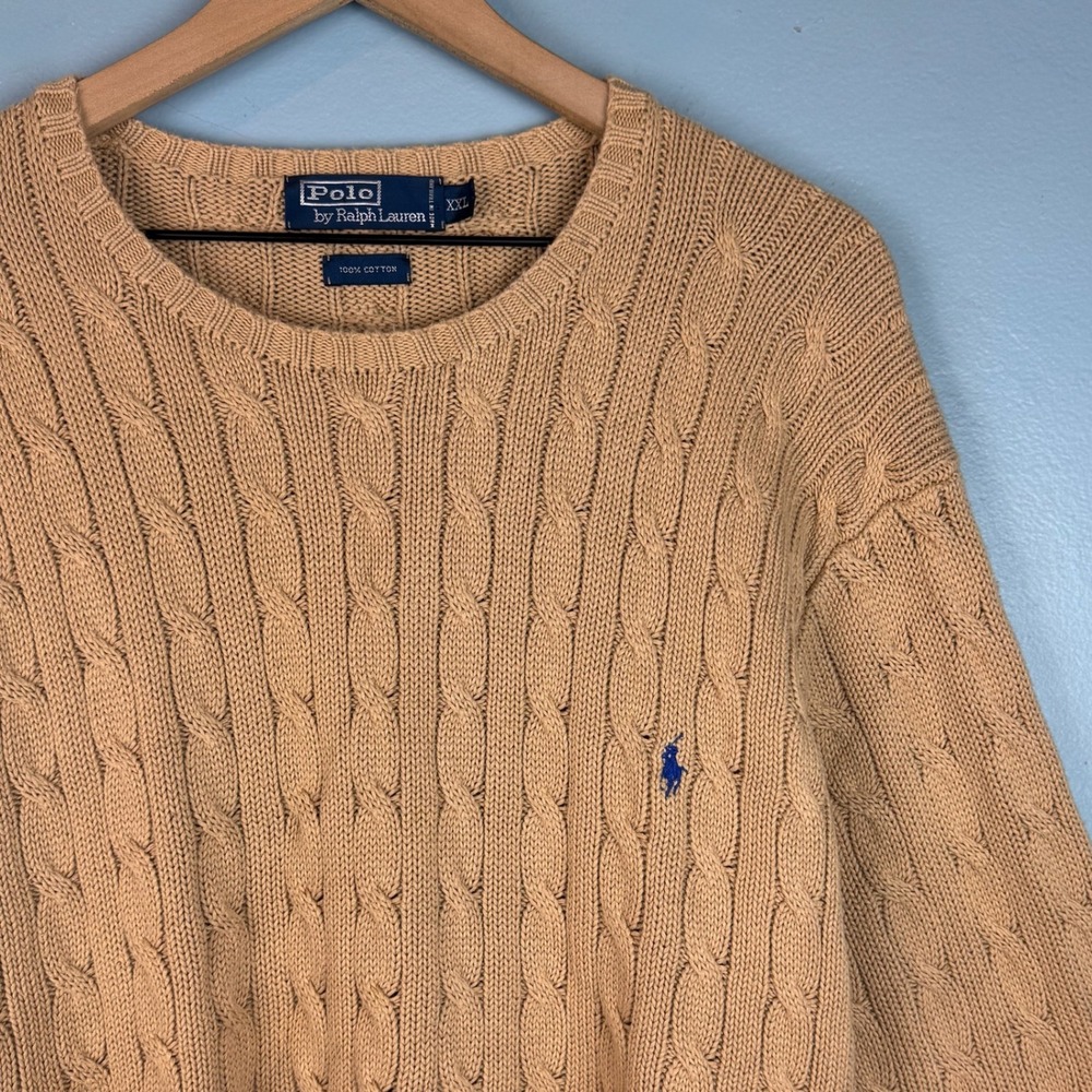 Polo Ralph Lauren Mens XXL Tan Cable Knit Crewneck Pullover Sweater Pony Logo